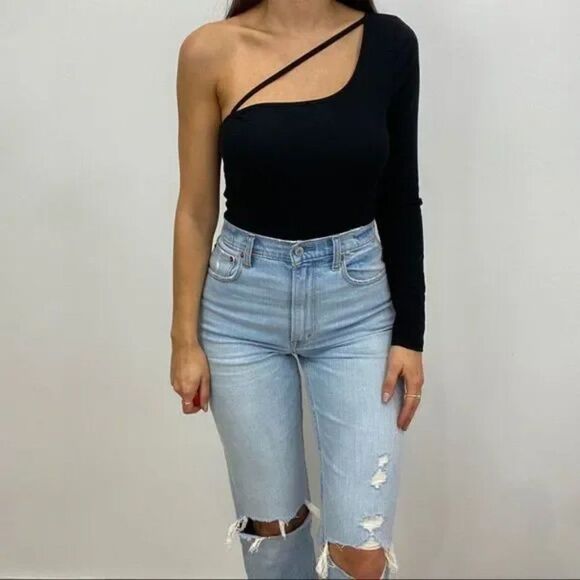 NWT Black One Sleeve Strappy Cut Out Bodysuit - Picture 1 of 8
